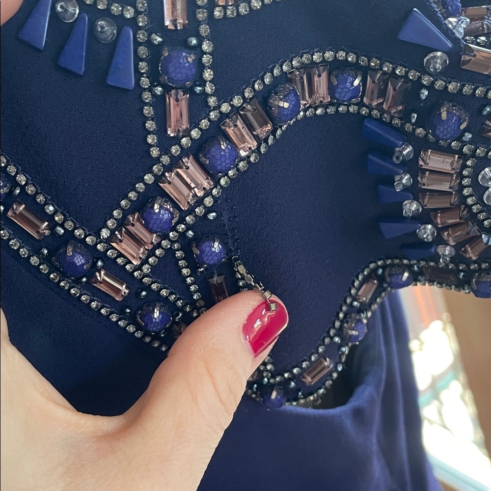 Badgely Mischka Long Navy Blue Evening Gown Size 10 Beaded Cap Sleeve Mini Train - Picture 7 of 11